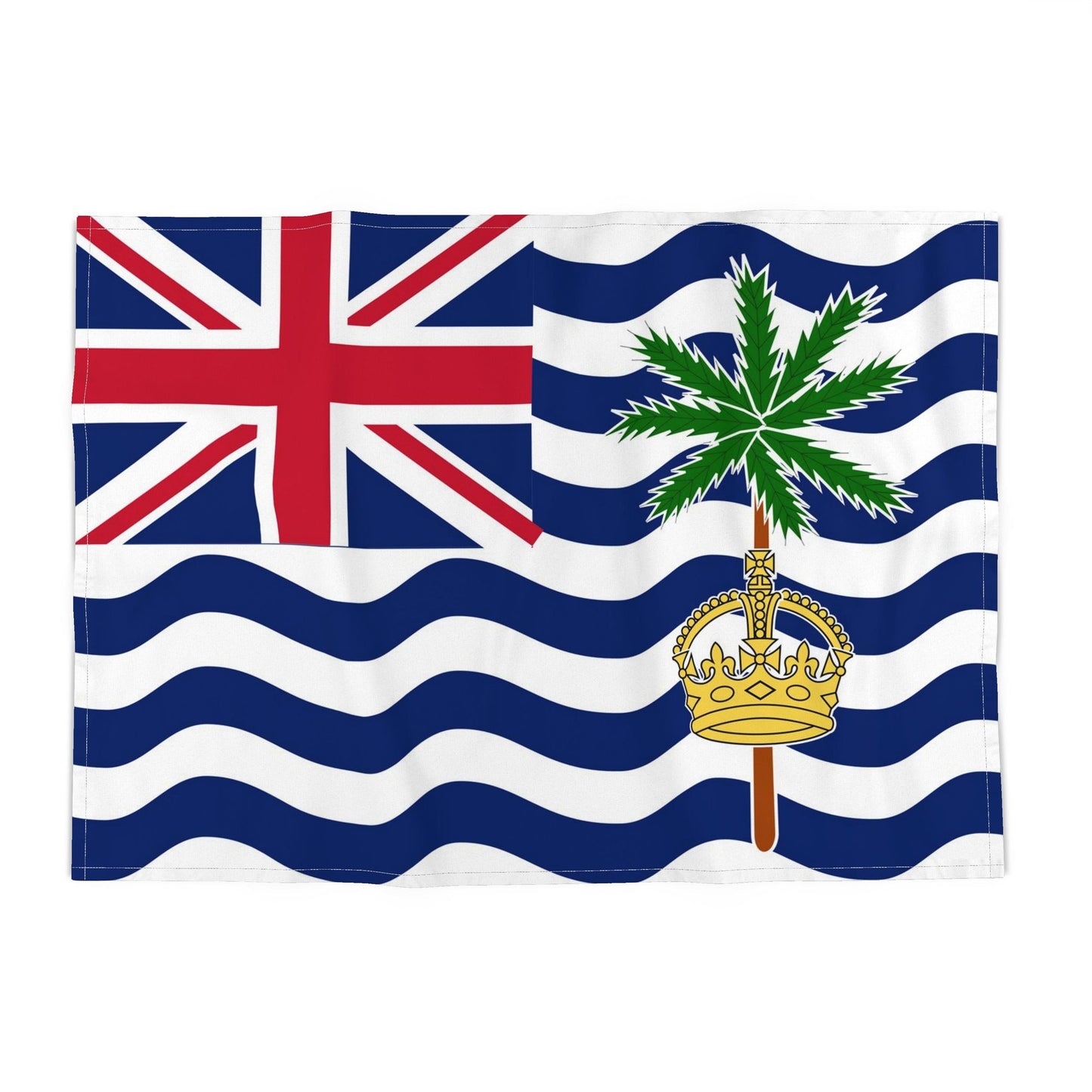 The flag of the British Indian Ocean Territories, featuring a Union Jack in the upper left, blue and white wavy stripes, a green palm tree, and a gold crown, shown flat against a white background.