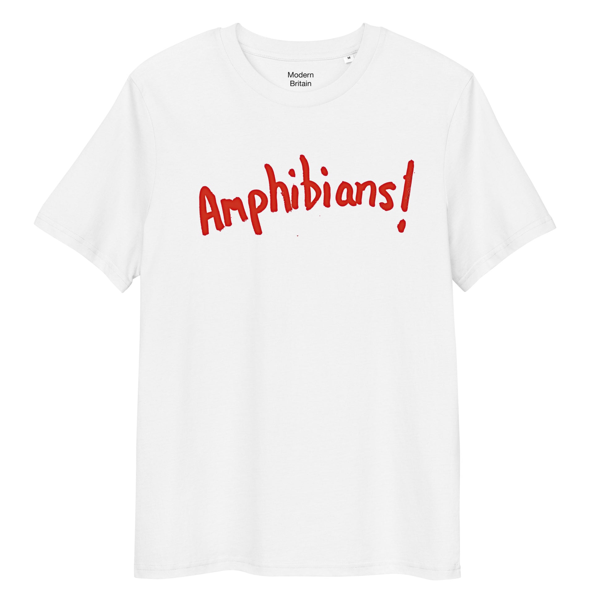 Amphibians written by hand in red paint on white T-Shirt sold by Modern Britain 