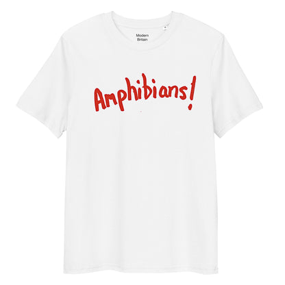 Amphibians written by hand in red paint on white T-Shirt sold by Modern Britain 