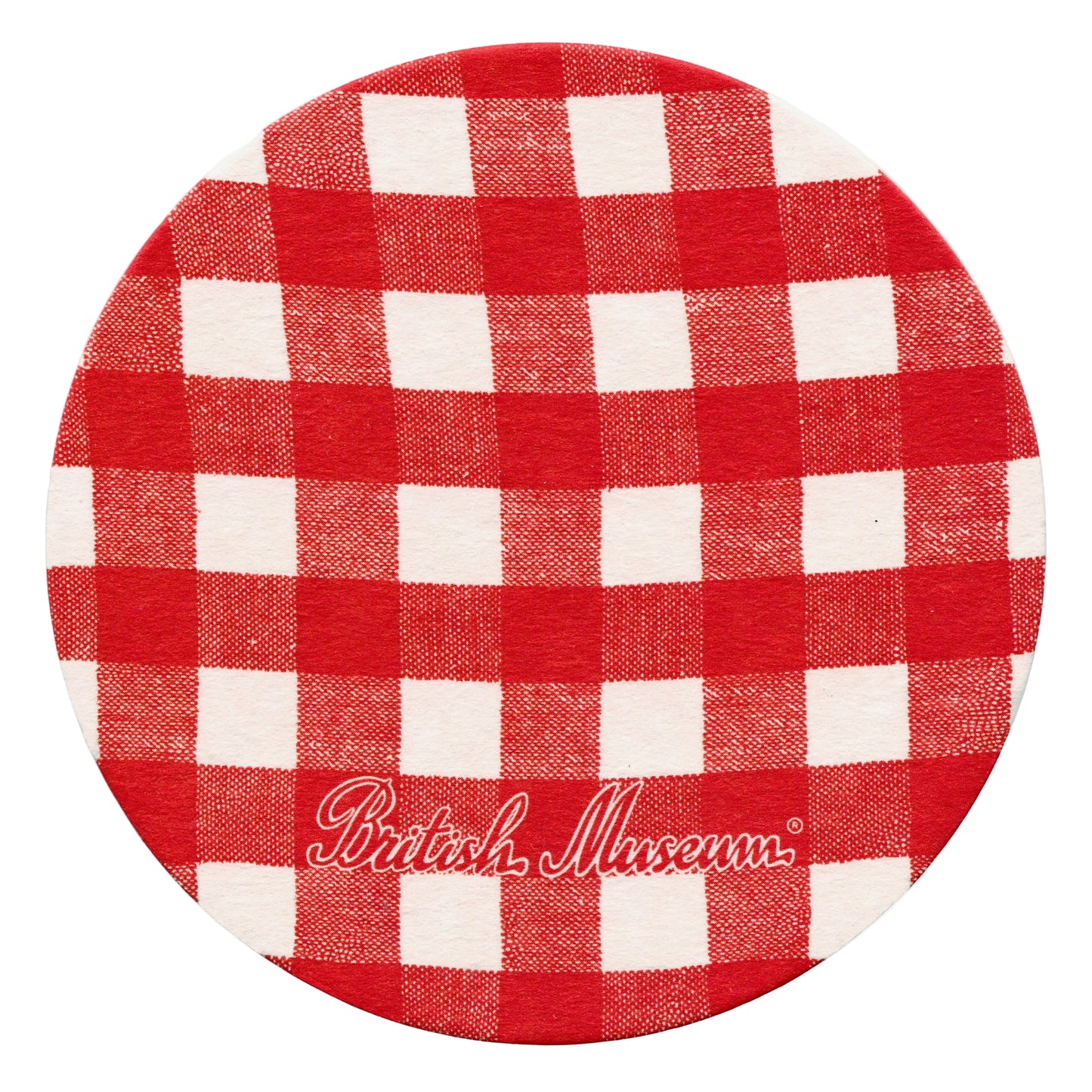Red and white checkered beer mat coaster with 'British Museum' logo on a white background