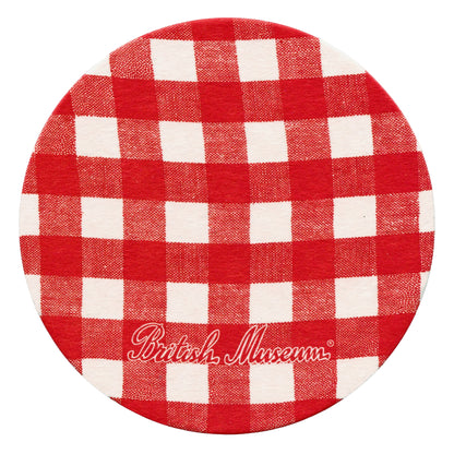 Red and white checkered beer mat coaster with 'British Museum' logo on a white background