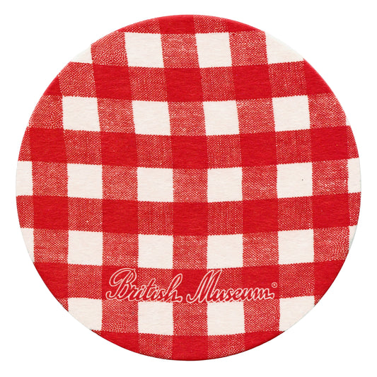 Red and white checkered beer mat coaster with 'British Museum' logo on a white background