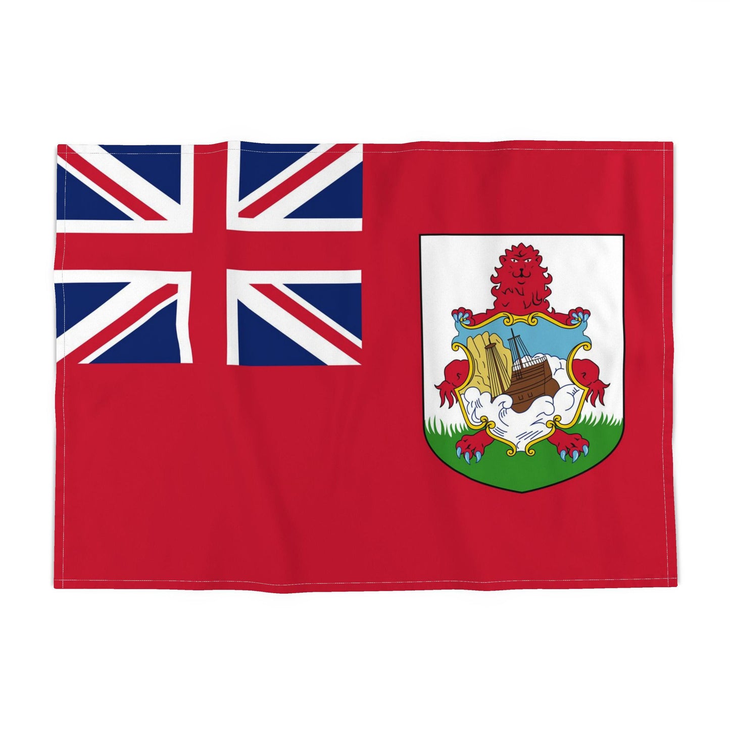 The national flag of Bermuda, featuring a red field with the Union Jack in the upper left canton and the national coat of arms in the lower right, shown flat against a white background.