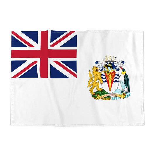 Tea towel featuring the British Antarctic Territory flag which includes the Union Jack in the upper left corner and the coat of arms of British Guiana on the right side, shown flat against a plain white background.