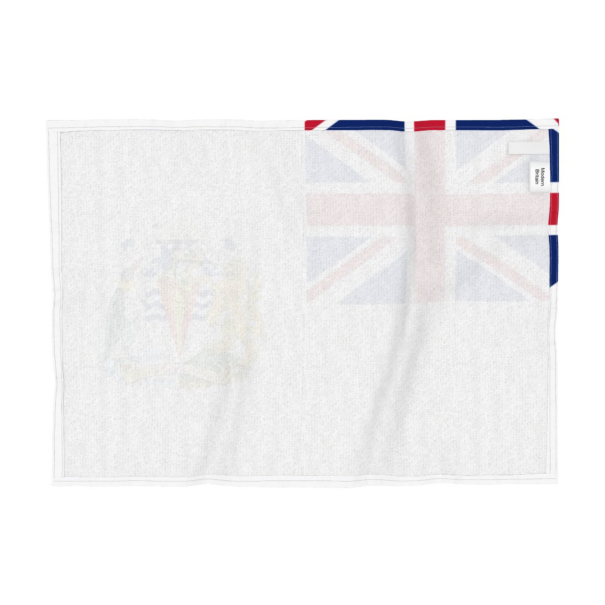 Reverse side of the tea towel featuring the British Antarctic Territory flag which includes the Union Jack in the upper left corner and the coat of arms of British Guiana on the right side, shown flat against a plain white background.