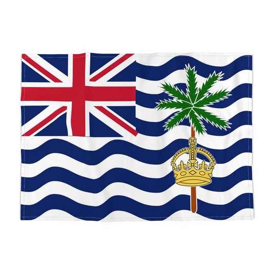 The flag of the British Indian Ocean Territories, featuring a Union Jack in the upper left, blue and white wavy stripes, a green palm tree, and a gold crown, shown flat against a white background.