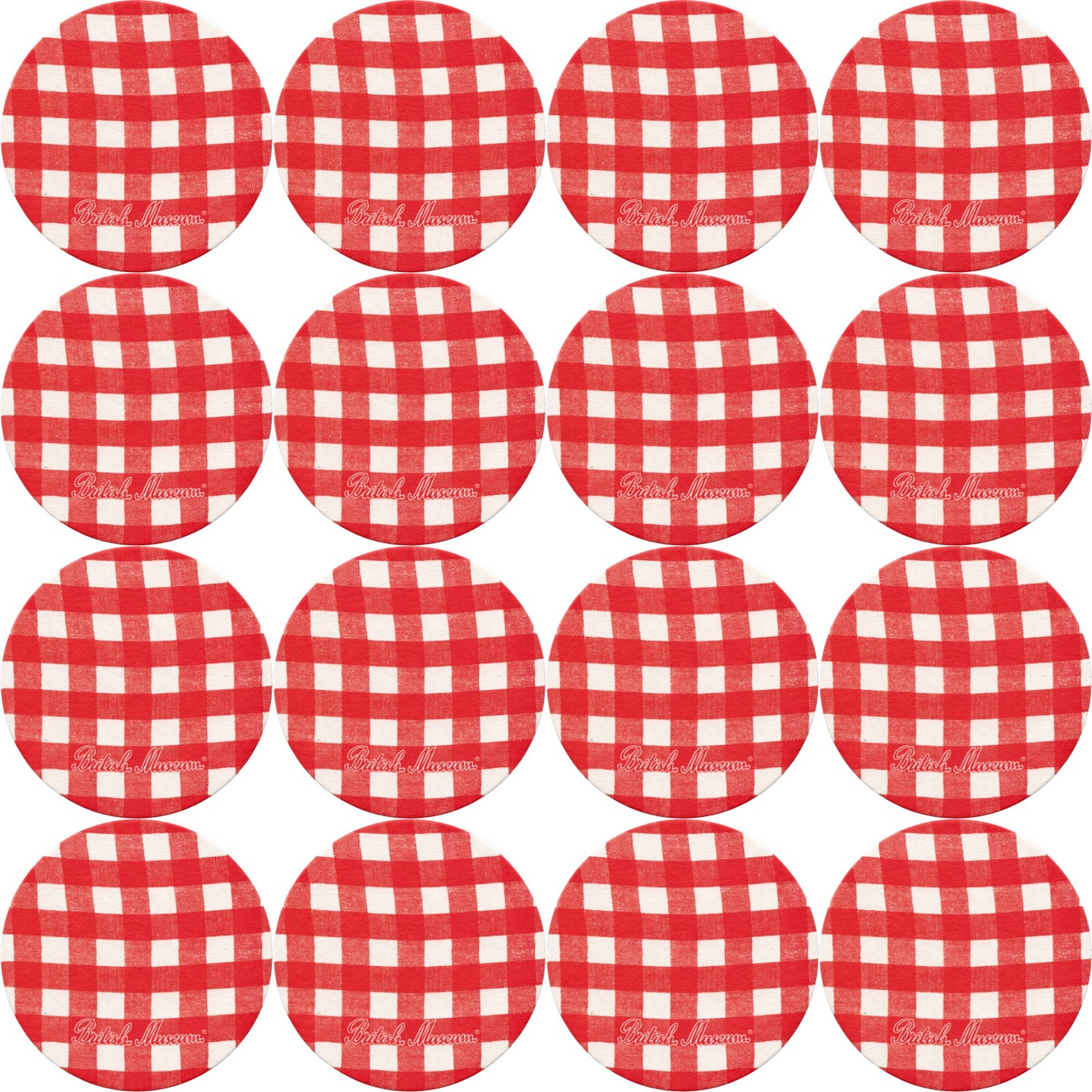 16 British Museum beer mats in red and white gingham shown in a grid of four by four. 