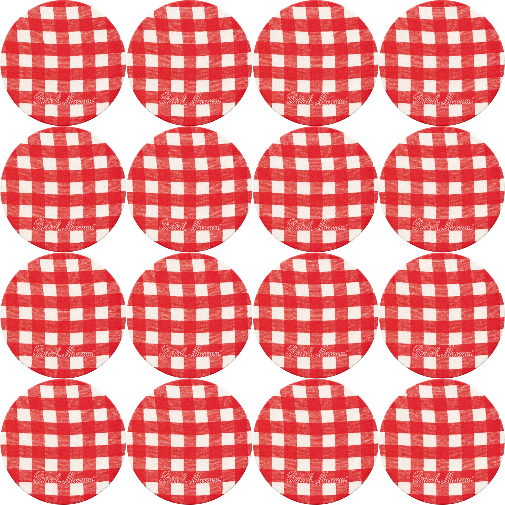 16 British Museum beer mats in red and white gingham shown in a grid of four by four. 