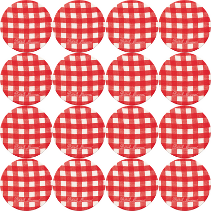 16 British Museum beer mats in red and white gingham shown in a grid of four by four. 