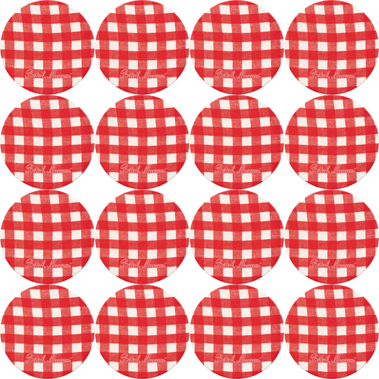 16 British Museum beer mats in red and white gingham shown in a grid of four by four. 