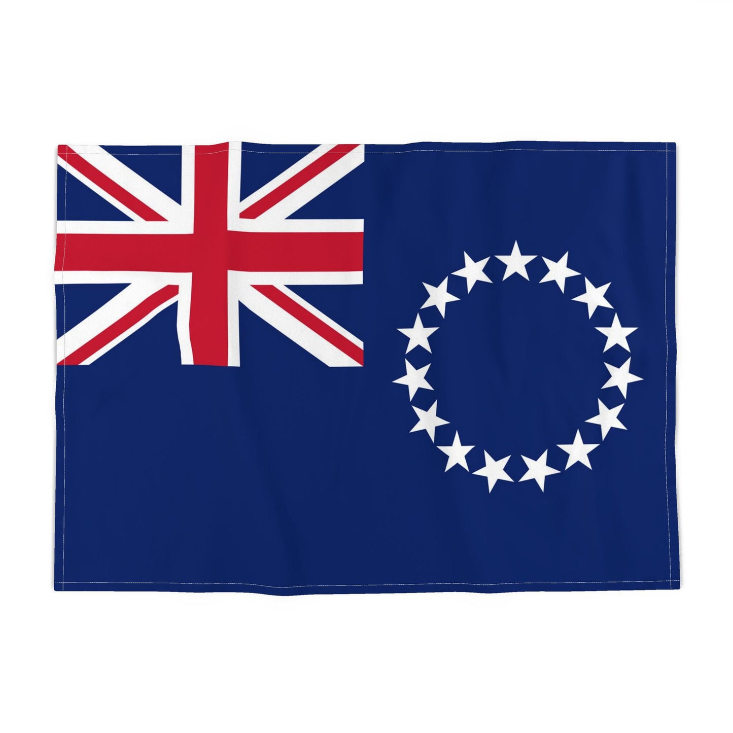 The flag of the Cook Islands. featuring a blue field with the Union Jack in the upper left and a circle of thirteen white stars on the right, shown flat against a white background.