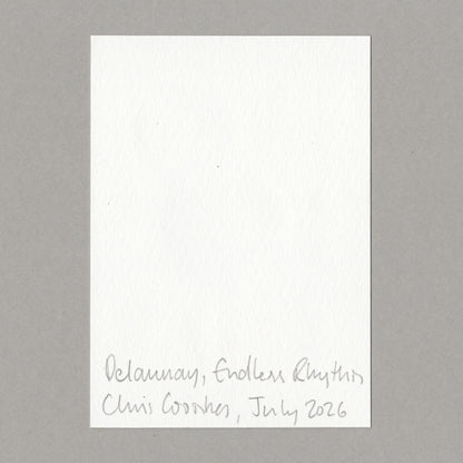 A square white textured paper card with handwritten gray script at the bottom reading 'Delaunay, Endless Rhythm Chris Coombes, July 2026', centered on a solid grey background.