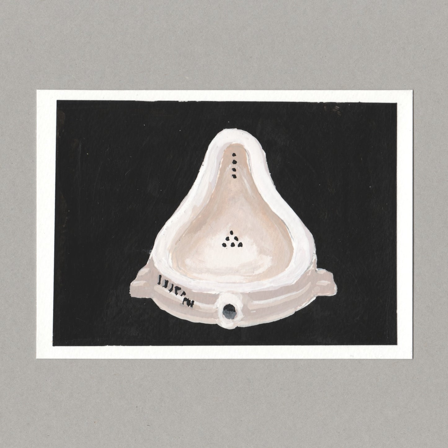 Original gouache painting by Chris Coombes, based on a postcard of Fountain 1917, replica 1964 by Marcel Duchamp in the Tate collection.
