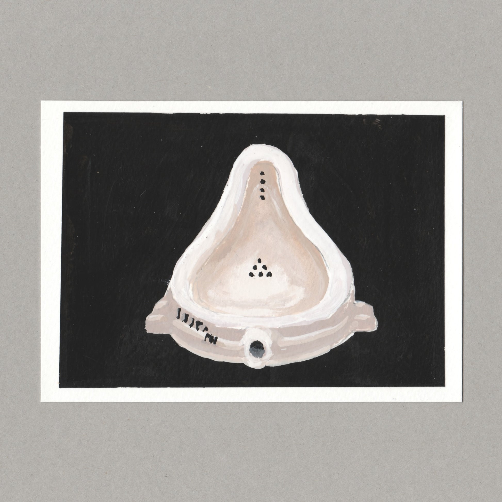 Original gouache painting by Chris Coombes, based on a postcard of Fountain 1917, replica 1964 by Marcel Duchamp in the Tate collection.