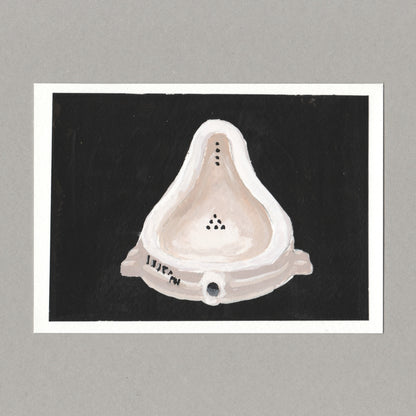 Original gouache painting by Chris Coombes, based on a postcard of Fountain 1917, replica 1964 by Marcel Duchamp in the Tate collection.
