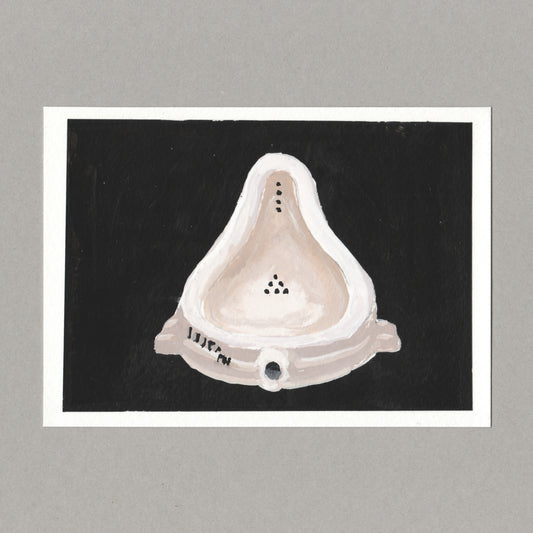 Original gouache painting by Chris Coombes, based on a postcard of Fountain 1917, replica 1964 by Marcel Duchamp in the Tate collection.