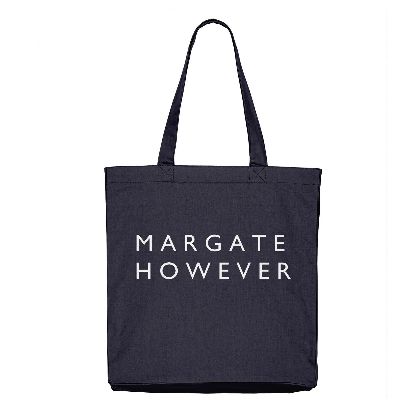 A navy blue canvas tote bag with two shoulder straps and the text 'MARGATE HOWEVER' printed in white capital letters on the front, shown against a plain white background