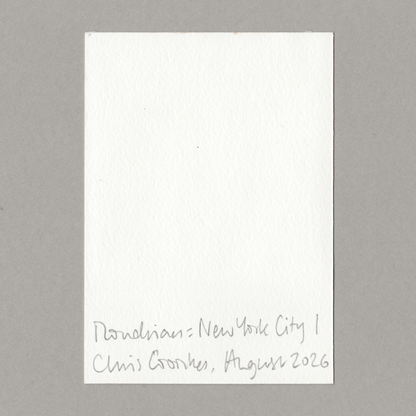A square white textured paper card with handwritten text at the bottom reading 'Mondrian New York City 1, Chris Coombes August 2026', shown against a solid grey background.