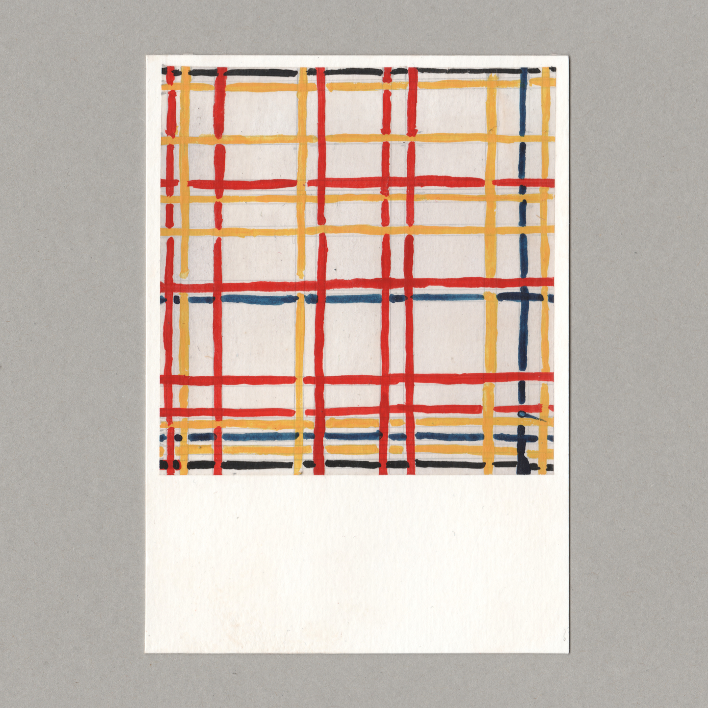 Original gouache painting by Chris Coombes, based on a postcard of Mondrian: New York City I (1941) by Piet Mondrian in the collection of the Kunstsammlung Nordrhein-Westfalen.