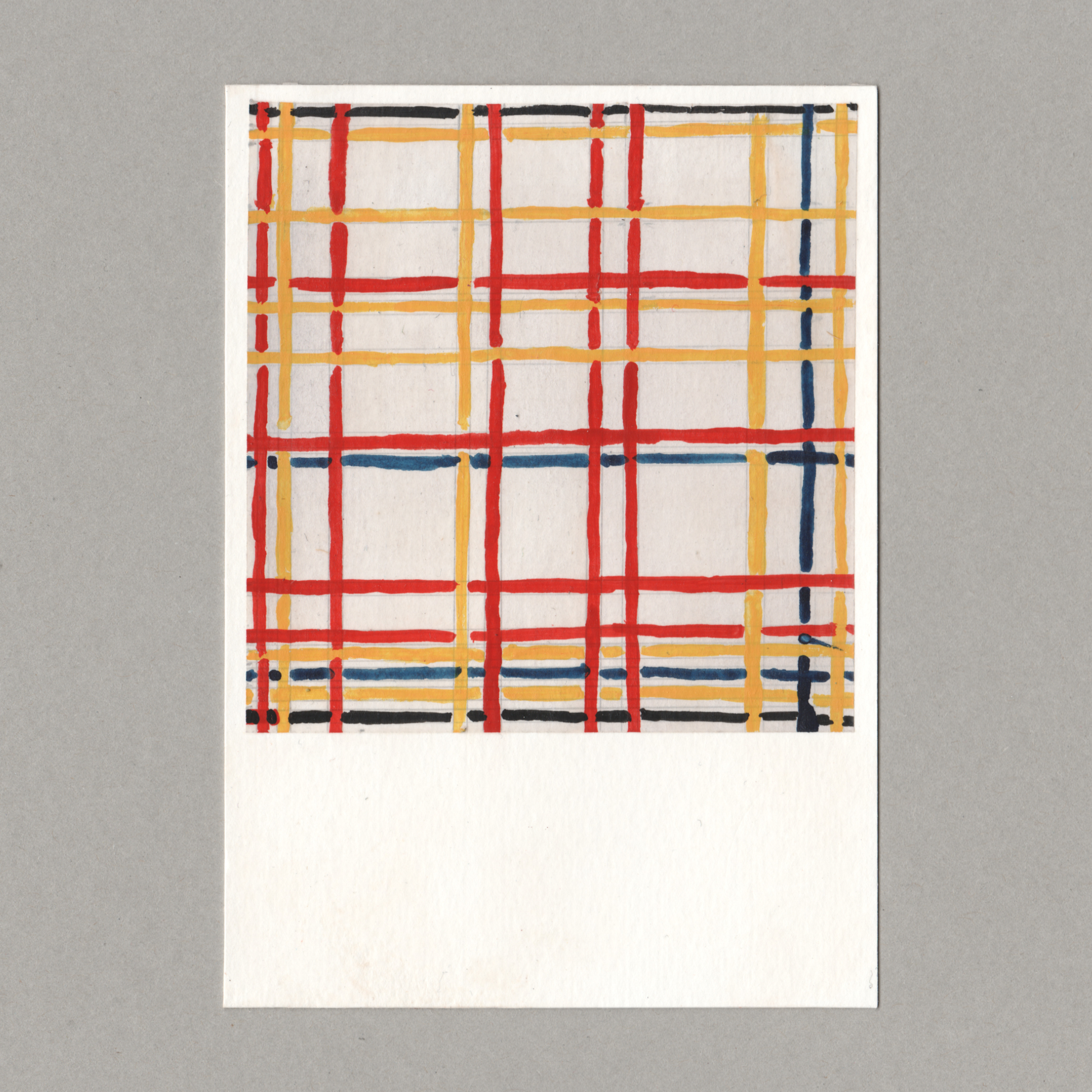 Original gouache painting by Chris Coombes, based on a postcard of Mondrian: New York City I (1941) by Piet Mondrian in the collection of the Kunstsammlung Nordrhein-Westfalen.