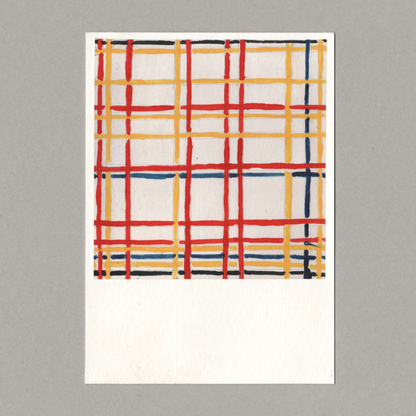 Original gouache painting by Chris Coombes, based on a postcard of Mondrian: New York City I (1941) by Piet Mondrian in the collection of the Kunstsammlung Nordrhein-Westfalen.