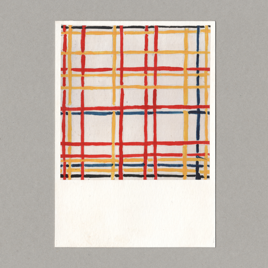 Original gouache painting by Chris Coombes, based on a postcard of Mondrian: New York City I (1941) by Piet Mondrian in the collection of the Kunstsammlung Nordrhein-Westfalen.