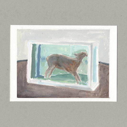 A square art print or card featuring a painted scene of a brown animal standing in front of a window-like frame with pale green and blue tones, centered on a light gray background.