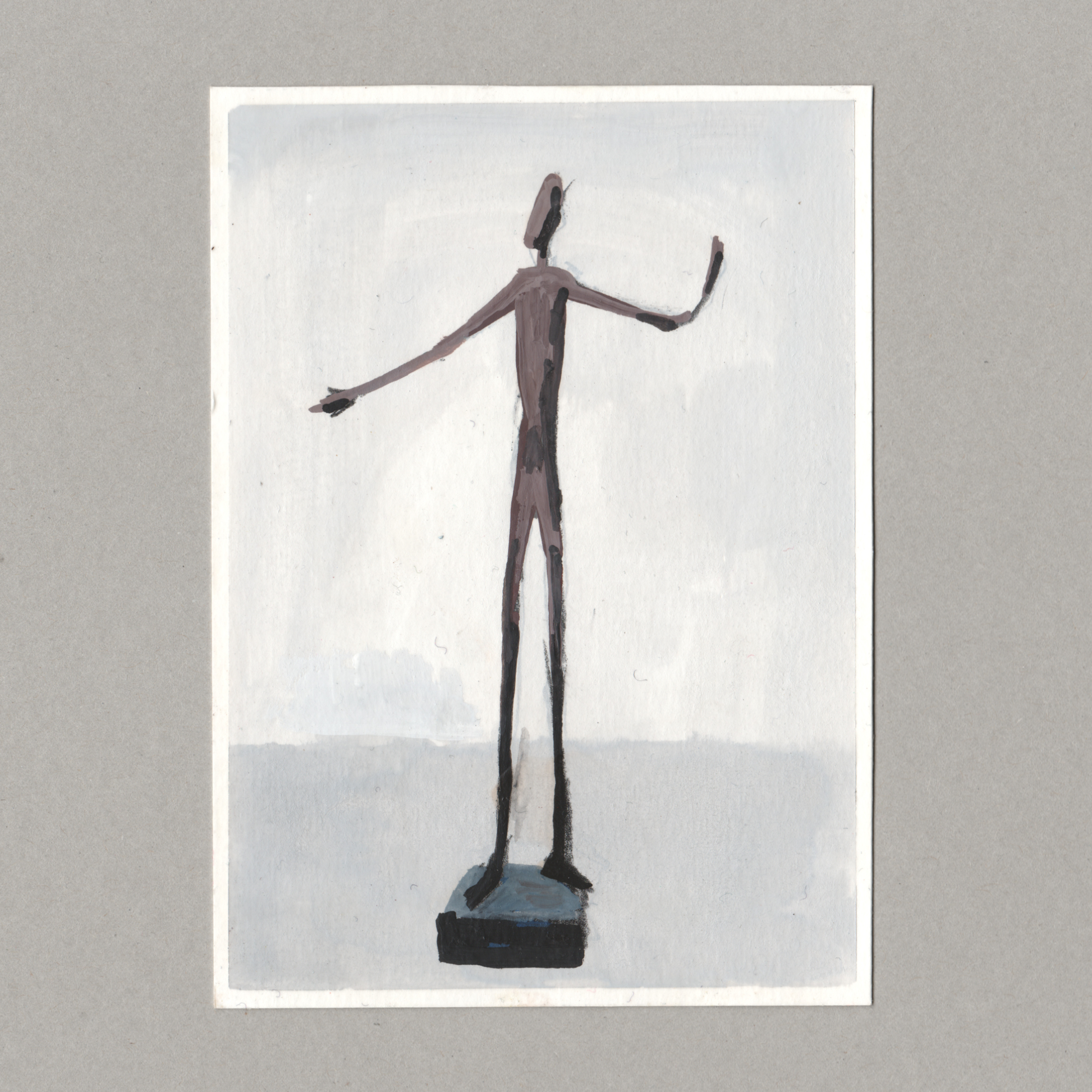 A minimalist painting of a thin, elongated human figure standing on a dark rectangular base, rendered in muted brown and gray tones on a white paper sheet against a gray background.