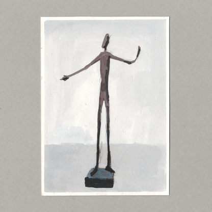A minimalist painting of a thin, elongated human figure standing on a dark rectangular base, rendered in muted brown and gray tones on a white paper sheet against a gray background.