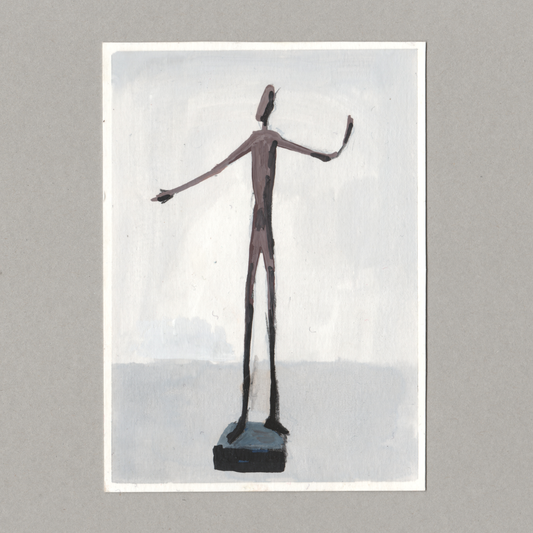 A minimalist painting of a thin, elongated human figure standing on a dark rectangular base, rendered in muted brown and gray tones on a white paper sheet against a gray background.