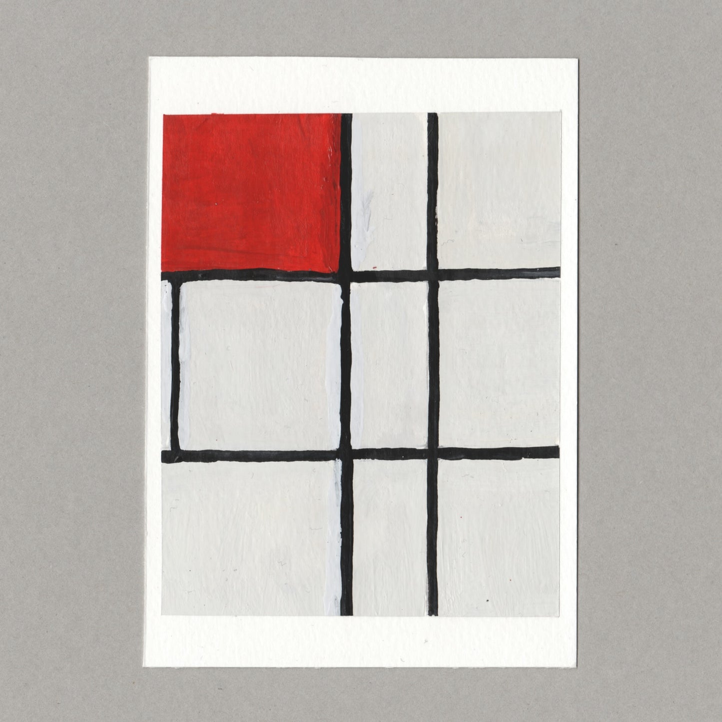 Original gouache painting by Chris Coombes, based on a postcard of Composition B (No.II) with Red (1935) by Piet Mondrian in the Tate collection.