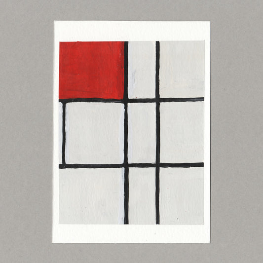 Original gouache painting by Chris Coombes, based on a postcard of Composition B (No.II) with Red (1935) by Piet Mondrian in the Tate collection.