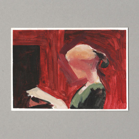 An abstract painting by Chris Coombes of a seated figure in profile, rendered with bold red, black, white, and green brushstrokes, shown on a white border against a gray background.