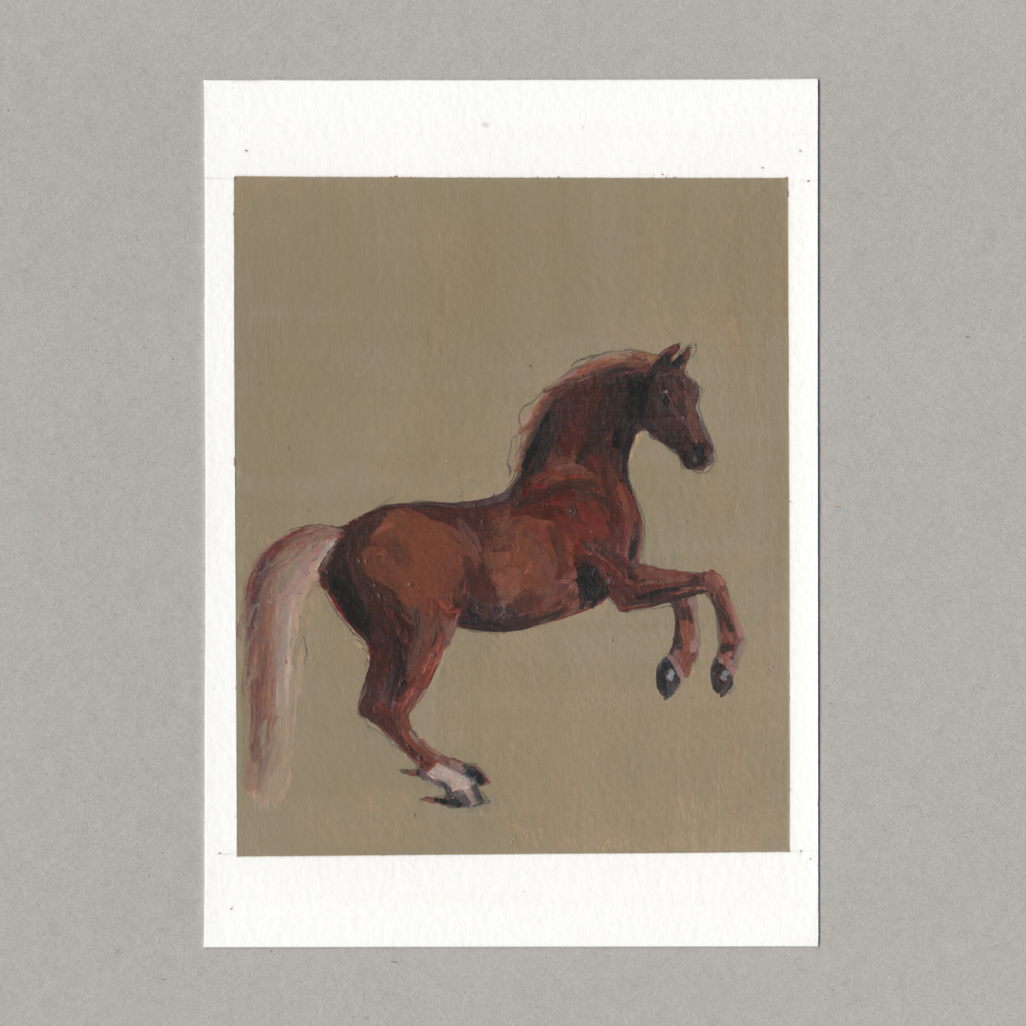 Original gouache painting by Chris Coombes, based on a postcard featuring Whistlejacket (c.1762) by George Stubbs in the National Gallery collection.