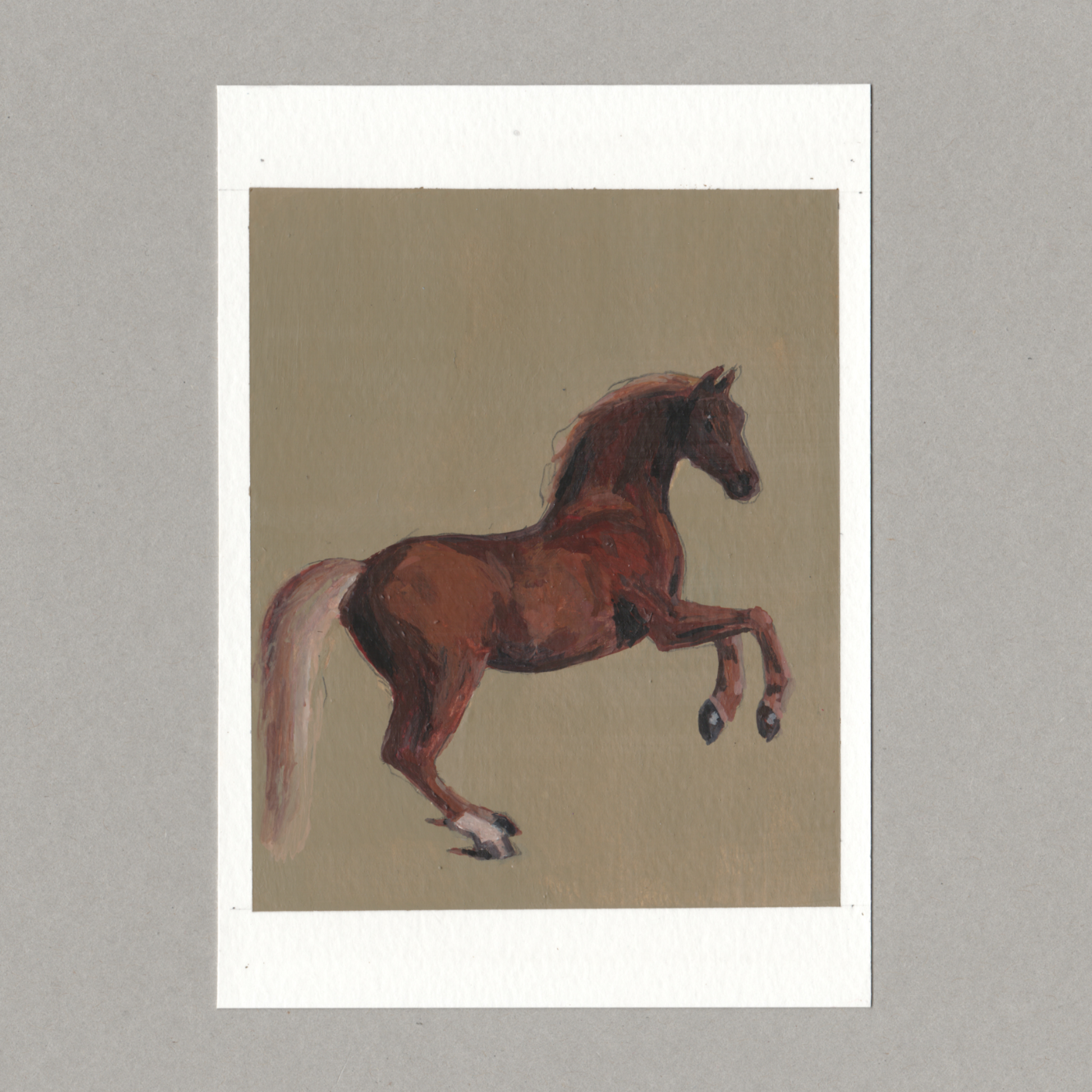 Original gouache painting by Chris Coombes, based on a postcard featuring Whistlejacket (c.1762) by George Stubbs in the National Gallery collection.