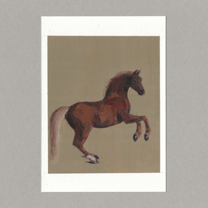 Original gouache painting by Chris Coombes, based on a postcard featuring Whistlejacket (c.1762) by George Stubbs in the National Gallery collection.