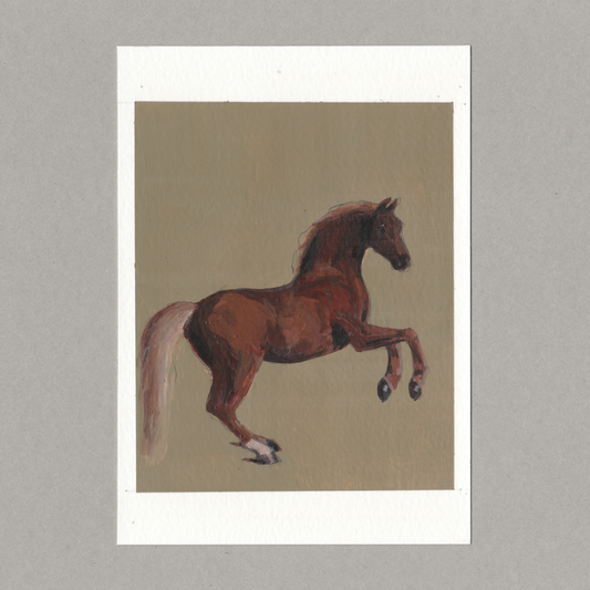 Original gouache painting by Chris Coombes, based on a postcard featuring Whistlejacket (c.1762) by George Stubbs in the National Gallery collection.