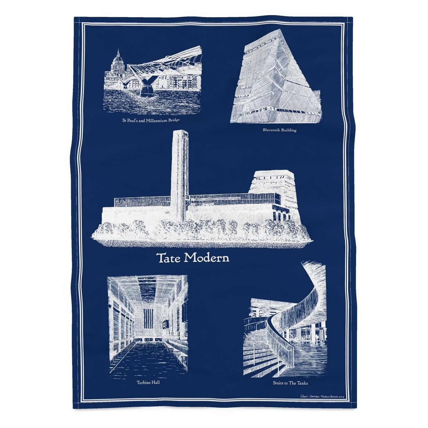 Tate Modern Tea Towel - White on MB Blue