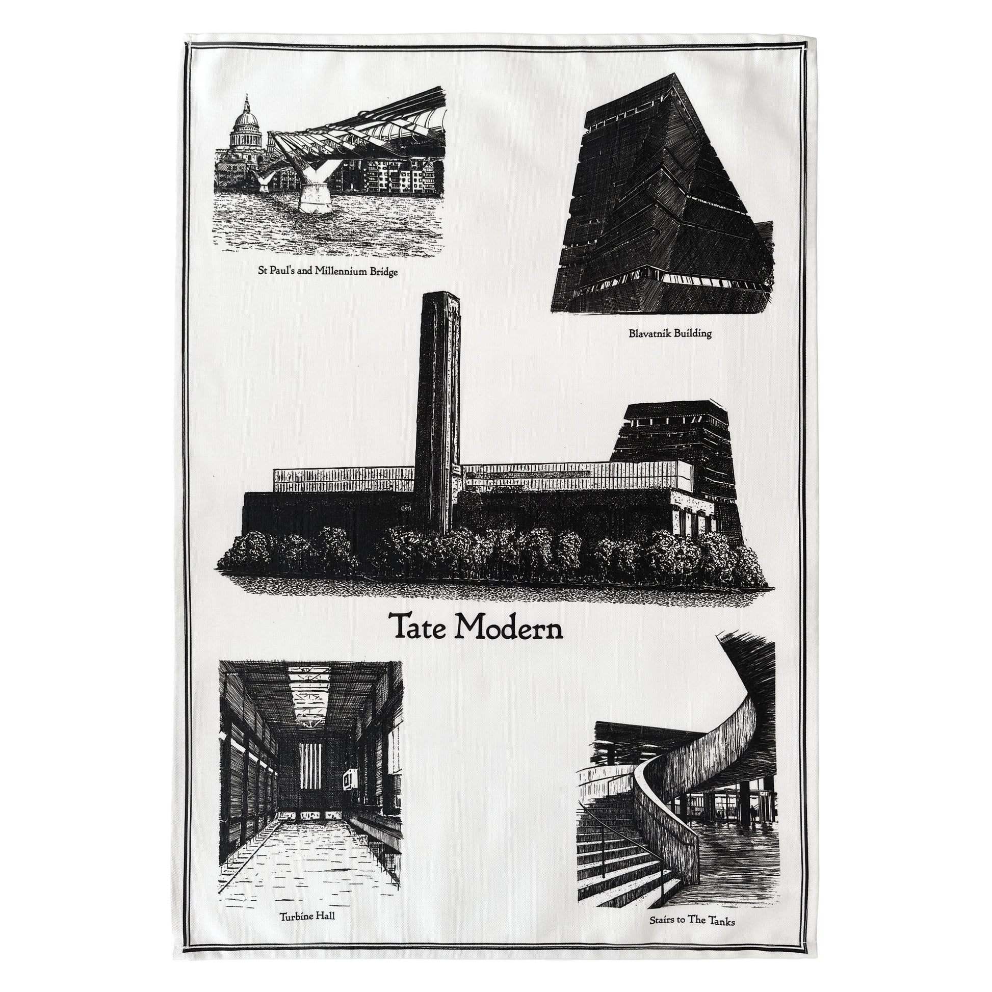 Tea towel with black and white illustrations of architectural landmarks including Tate Modern.