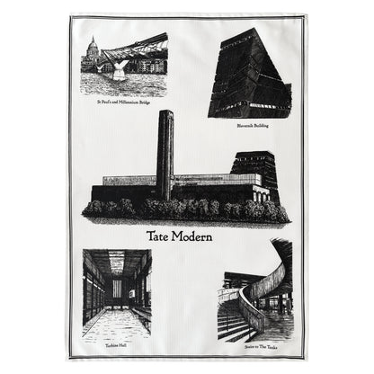 Tea towel with black and white illustrations of architectural landmarks including Tate Modern.