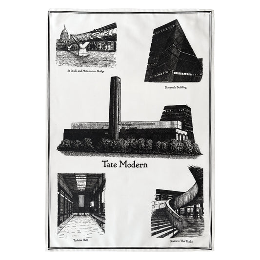 Tea towel with black and white illustrations of architectural landmarks including Tate Modern.