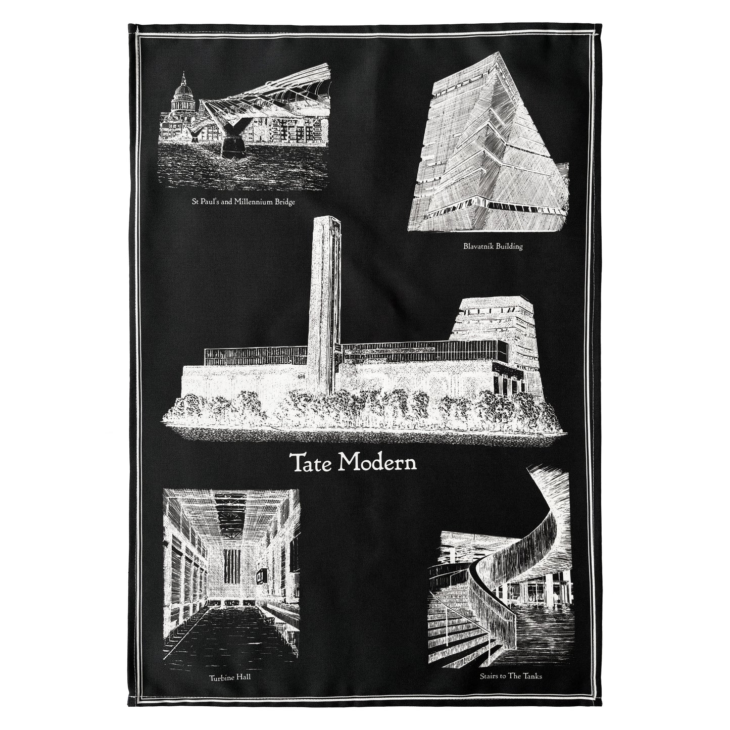 Black and white graphic of Tate Modern with architectural elements on a black background