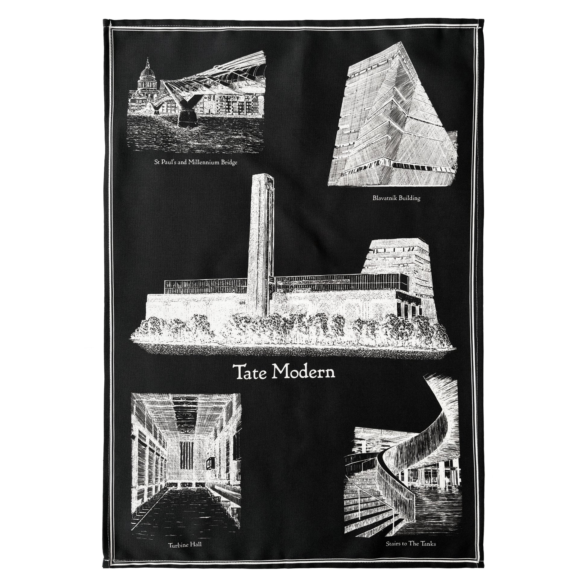 Black and white graphic of Tate Modern with architectural elements on a black background