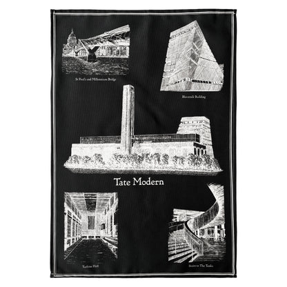 Black and white graphic of Tate Modern with architectural elements on a black background