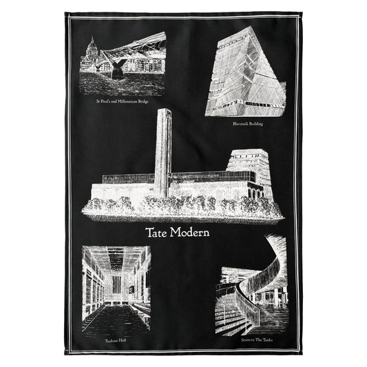 Black and white graphic of Tate Modern with architectural elements on a black background