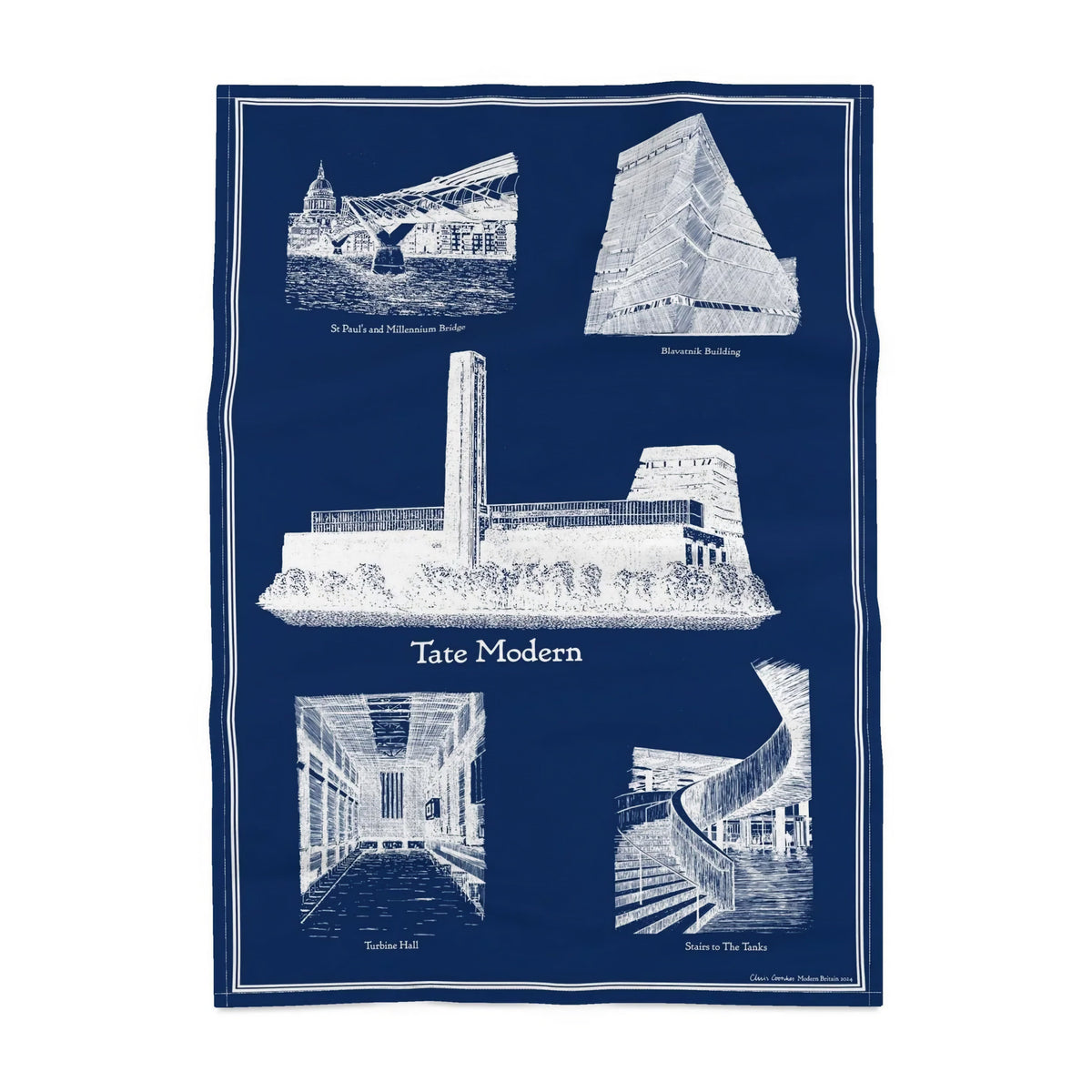 Tea towel featuring pen and ink drawings of Tate Modern, Blavatnik Building, Turbine Hall, St Pauls Cathedral and Millennium Bridge. 