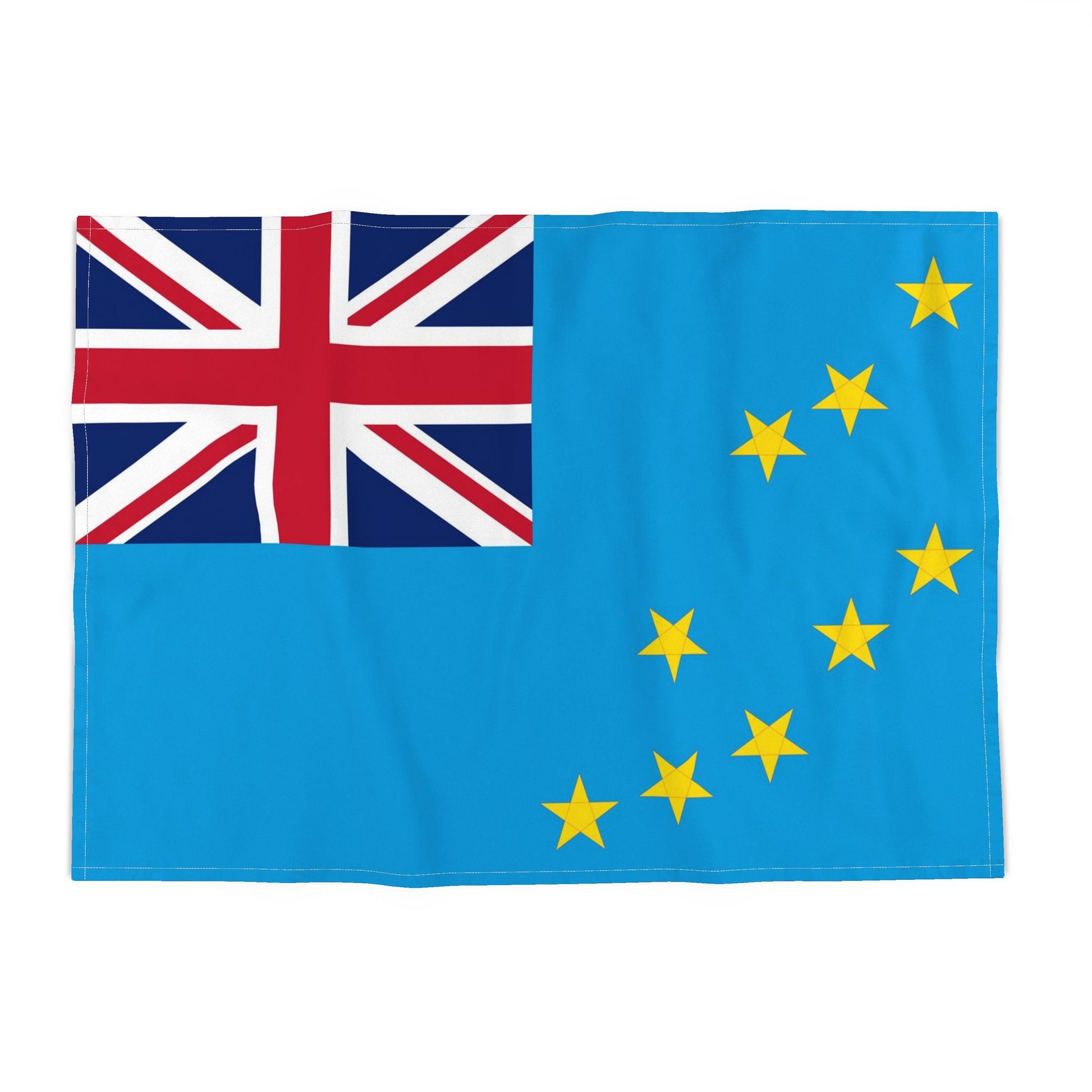 The flag of  Tuvalu, featuring a light blue field with the Union Jack in the upper left corner and nine yellow stars arranged in a circle on the right, shown flat against a white background.