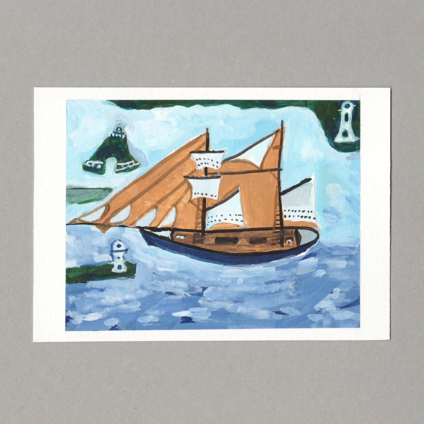 A square art print depicting a stylized wooden sailing ship on blue water, with green landforms and white lighthouses, shown against a neutral gray background.