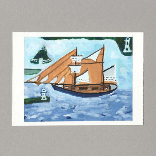 A square art print depicting a stylized wooden sailing ship on blue water, with green landforms and white lighthouses, shown against a neutral gray background.